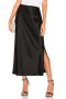 new slight stretch satin patchwork mercerized solid color slit midi skirts_Black