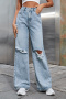 xs-l stylish non-stretch high waist all-match ripped straight jeans_Sky Blue