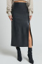 s-xl new slight stretch patchwork pu 3-color high-waist slit midi skirts_Black