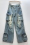 casual retro non-stretch loose wide-leg all-match cargo jeans(size run small)_Black_Sky Blue