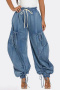 plus size non-stretch pure color laced pockets casual loose jeans_Blue
