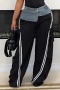 casual plus-size slight stretch patchwork denim high-waist loose wide-leg pants_Black