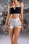 sexy plus size non-stretch solid color hollow high waist shorts (only shorts)_Black_White