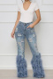 casual plus size non-stretch hole pearl feather decor pants_Black_Sky Blue