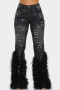 casual plus size non-stretch hole pearl feather decor pants_Black
