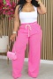 casual plus-size slight stretch 4-color patchwork lace-up loose pants(with belt)_White_Pink