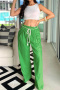 casual plus-size slight stretch 4-color patchwork lace-up loose pants(with belt)_White_Pink_Green