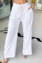 casual plus-size slight stretch 4-color patchwork lace-up loose pants(with belt)_White