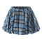 college style non-stretch lattice batch printing bubble skirt size run small_Red_Blue