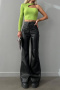 stylish non-stretch solid color high waist lace-up slim leather flared pants_Black