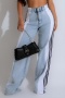 casual plus size slight stretch stitching 3 colors all-match straight jeans_Black_White