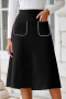 casual non-stretch solid color faux suede slit loose midi skirt_Black
