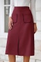 casual non-stretch solid color faux suede slit loose midi skirt_Black_Rose Red