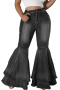 casual plus size slight stretch denim 3 colors high-waist flared jeans_Black