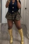 new stylish slight stretch patchwork lattices printing mini bubble skirts_Black_Yellow