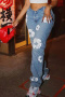 plus size flower batch printing stretch zip-up casual stylish jeans_Black_Sky Blue