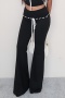 stylish slight stretch eyelet lace-up micro flared pants_Black