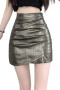casual non-stretch holographic pleated slit high waist all-match mini skirt_Gray