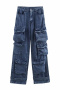 casual non-stretch high-waist solid color pocket jeans_Black_Blue