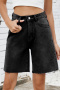 casual plus size non-stretch simple straight denim shorts_Black