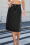 casual plus size non-stretch simple solid color slit denim midi skirt_Black