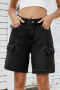 casual plus size non-stretch new solid color cargo denim shorts_Black