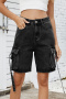 casual plus size non-stretch 3 colors new mid waist cargo denim shorts_Black