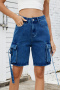 casual plus size non-stretch 3 colors new mid waist cargo denim shorts_Black_Blue_Sea Blue