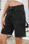 casual plus size non-stretch 3 colors new mid waist denim straight shorts_Black