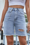 new casual non-stretch patchwork denim holes & chains high-waist shorts_Sky Blue