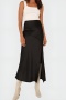 stylish slight stretch 5-color satin high-waist slit maxi skirts_Black
