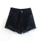 new slight stretch patchwork polyester pockets holes denim shorts_Black