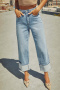 stylish plus-size medium stretch patchwork 3-color high-waist straight-leg jeans_Gray_Sky Blue