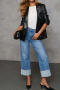 stylish plus-size medium stretch patchwork 3-color high-waist straight-leg jeans_Gray_Sky Blue_Dark Blue