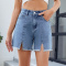 casual plus size non-stretch solid color slit all-match denim shorts_Black_Blue