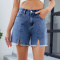 casual plus size non-stretch solid color slit all-match denim shorts_Black_Blue_Dark Blue
