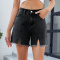 casual plus size non-stretch solid color slit all-match denim shorts_Black