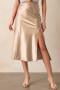 new slight stretch patchwork satin 5-color high-waist slit midi skirts_Black_Dark Green_Beige_Brown_Champagne