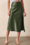 new slight stretch patchwork satin 5-color high-waist slit midi skirts_Black_Dark Green