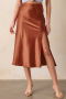 new slight stretch patchwork satin 5-color high-waist slit midi skirts_Black_Dark Green_Beige_Brown