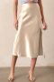 new slight stretch patchwork satin 5-color high-waist slit midi skirts_Black_Dark Green_Beige