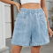 casual plus size non-stretch solid color high waist loose straight denim shorts_Sky Blue