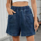casual plus size non-stretch solid color high waist loose straight denim shorts_Sky Blue_Dark Blue