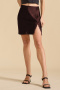 new non-stretch 3-color patchwork satin high-waist slit mini skirts_Black_Reddish Brown
