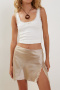 new non-stretch 3-color patchwork satin high-waist slit mini skirts_Black_Reddish Brown_Champagne