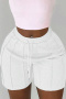 casual plus size slight stretch solid color slim drawstring shorts_Black_White