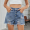 stylish plus size non-stretch hole single-breasted denim shorts_Black_Sky Blue_Blue