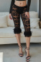 sexy slight stretch see through lace ruffle bow capri leggings(no panty)_Black