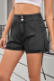 casual plus size non-stretch slim high waist drawstring denim shorts_Black