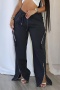 casual plus size non-stretch solid color multi-pocket zip- slit cargo pants_Black